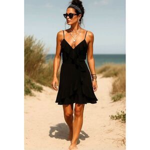Charlotte Russe Black Ruffle Dress L Spaghetti Strap Fit Flare Beach Date Night